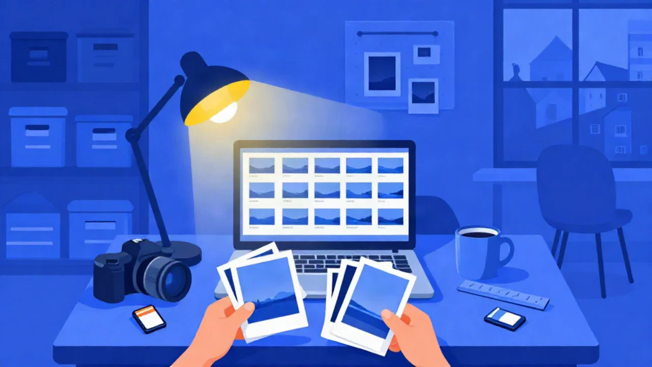 Flat vector illustration in cobalt blue of a desk at night: two hands hold fanned stacks of instant photo prints in front of a laptop showing a grid of matching landscape thumbnails, lit by a gold desk lamp, with a camera, a mug, a ruler, storage boxes on shelves and a window onto rooftops