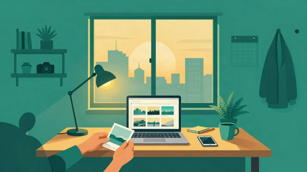 Flat teal illustration of a desk by a window at sunset: a hand holds a printed landscape photo in front of an open laptop showing a grid of six photo thumbnails, with a phone, a mug, a fern and a lit desk lamp on the desk