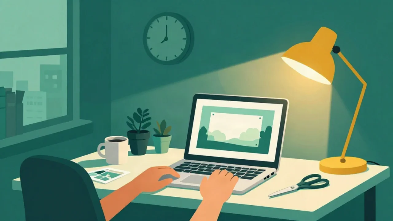 Flat vector illustration in deep teal tones of a home desk: two hands on a laptop whose screen shows a landscape photo inside a crop frame with corner handles, next to a coffee mug, two potted plants, a printed photo and scissors, with a wall clock, a window onto city buildings, and a gold desk lamp casting a warm glow.