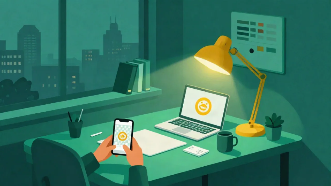 Flat vector illustration in deep teal of a design desk at dusk: hands hold a phone showing a round yellow logo emblem on a checkerboard pattern, beside an open laptop showing the same emblem on a white screen, a coffee mug, a pencil cup, a business card and a potted plant, lit by a yellow desk lamp, with a city skyline through the window, books on the sill and a chart of colour swatches on the wall.
