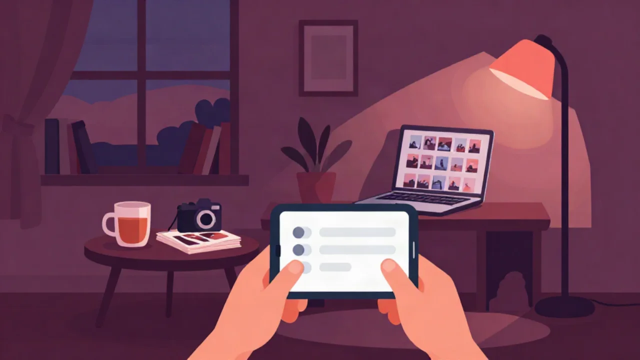 Flat vector illustration in plum and mauve tones of a room in the evening: two hands hold a phone showing a screen of toggle switches, with a side table, tea mug, camera and printed photos behind it, a laptop showing a grid of photo thumbnails, a window at dusk, a bookshelf, and a floor lamp glowing coral.