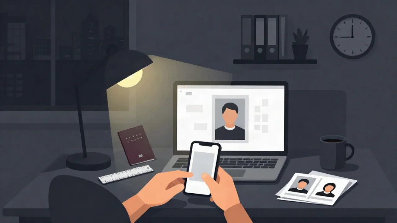 Flat charcoal illustration of a desk at night: hands holding a phone before a laptop showing a portrait, with a passport, ruler and printed ID photos under an amber lamp